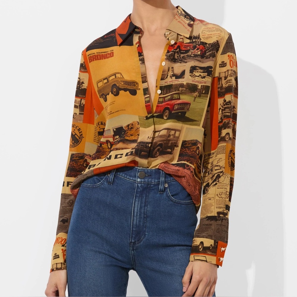 Alice + Olivia x Bronco Willa Shirt Blouse Car Horse Ford Print Orange Red L